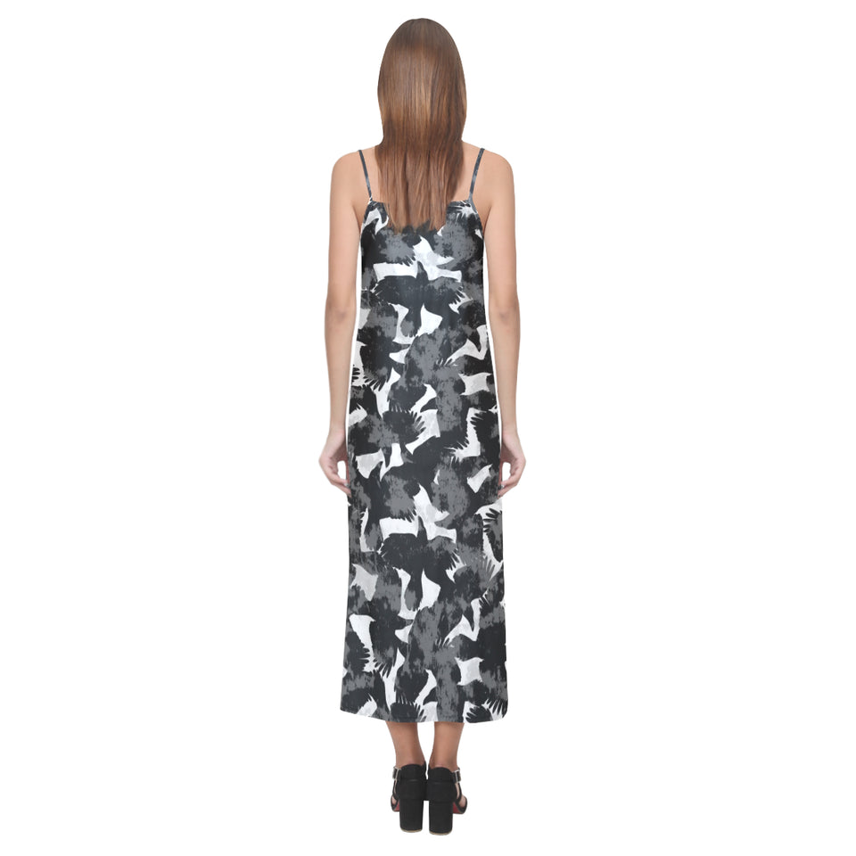 Crow illustration pattern V-Neck Open Fork Long Dress