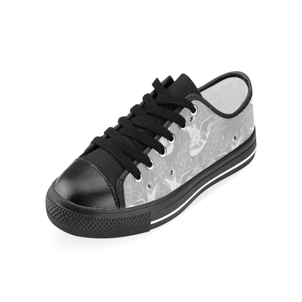 white swan gray background Women's Low Top Canvas Shoes Black