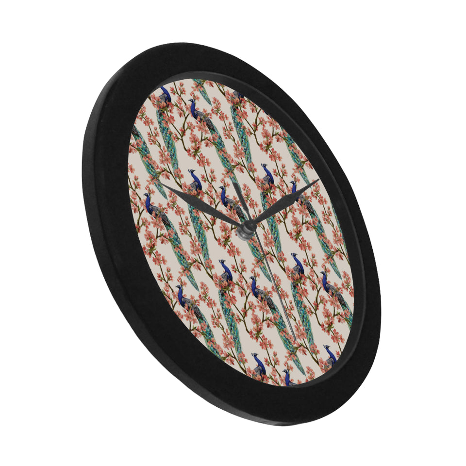 Peacock tropical flower pattern Elegant Black Wall Clock