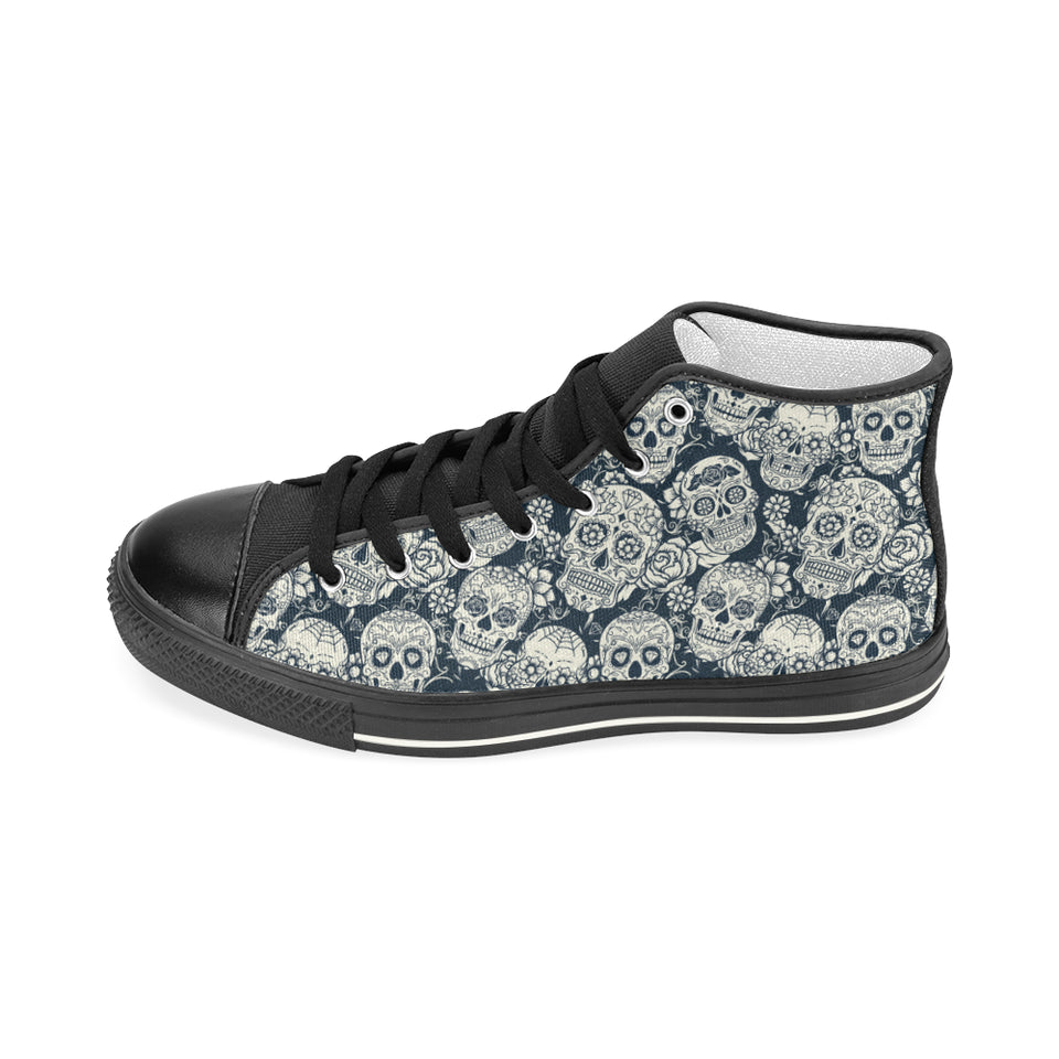 Sugar skull black white pattern Women's High Top Canvas Shoes Black