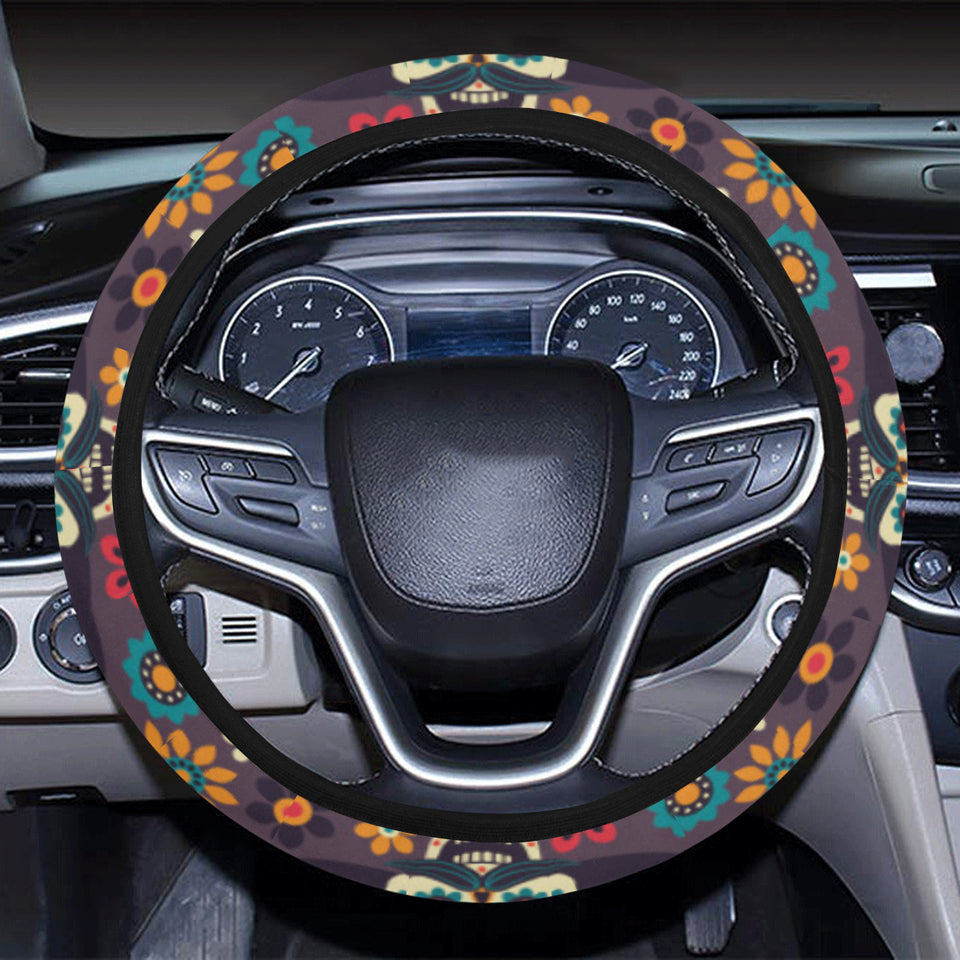 Sugar skulls flower maxican pattern Car Steering Wheel Cover