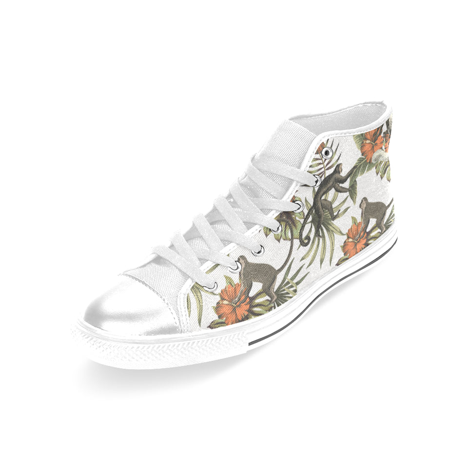 Monkey red hibiscus flower palm leaves floral patt Women's High Top Canvas Shoes White