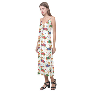 Corgi Christmas Pattern V-Neck Open Fork Long Dress