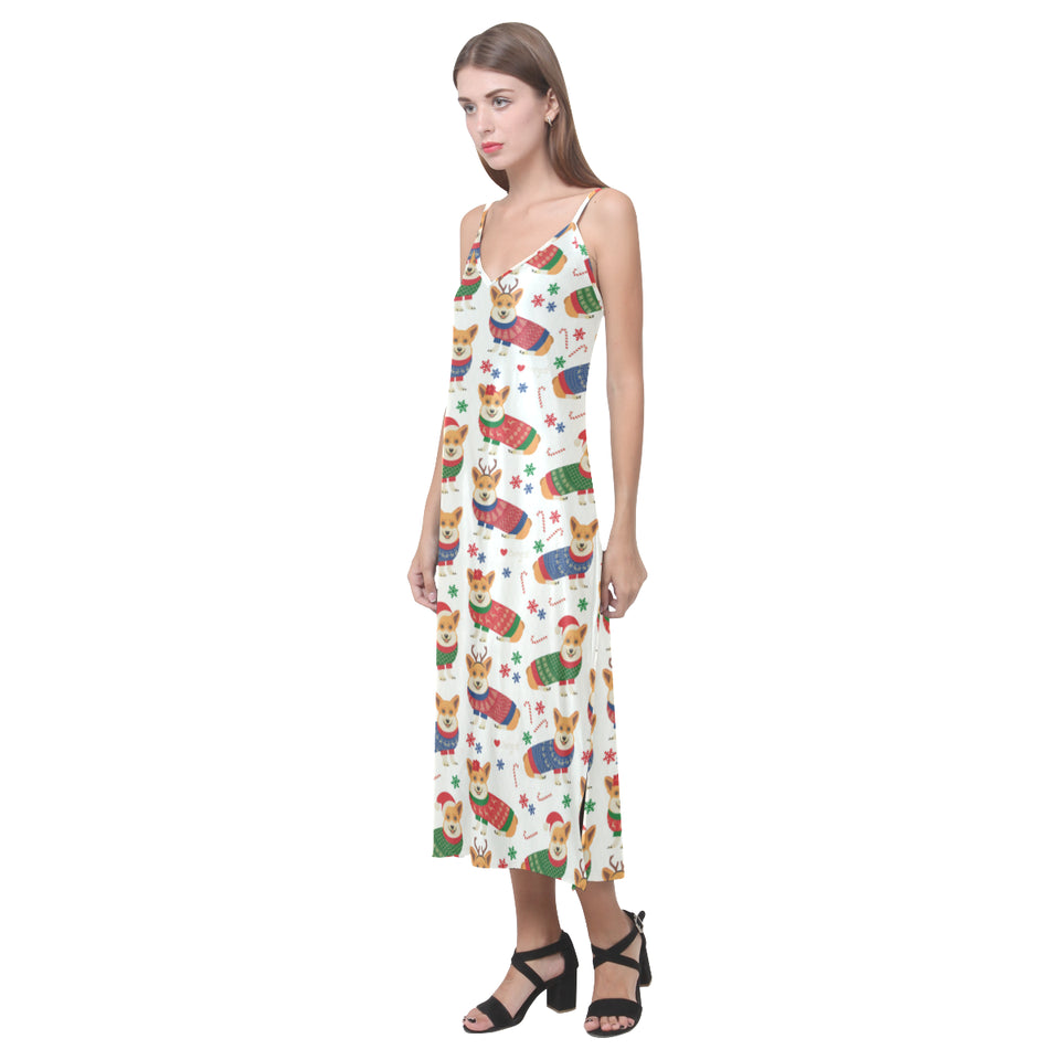 Corgi Christmas Pattern V-Neck Open Fork Long Dress