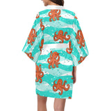Octopuses sea wave background Women's Short Kimono Robe