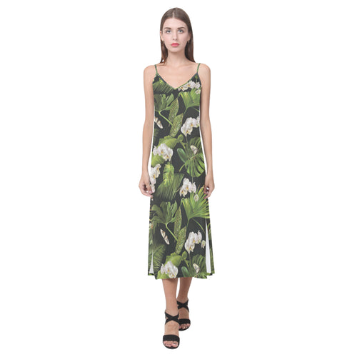 White orchid flower tropical leaves pattern blackg V-Neck Open Fork Long Dress