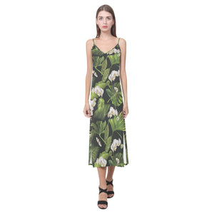 White orchid flower tropical leaves pattern blackg V-Neck Open Fork Long Dress