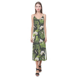 White orchid flower tropical leaves pattern blackg V-Neck Open Fork Long Dress