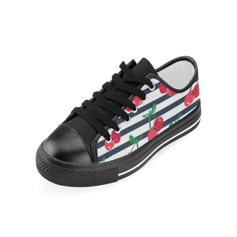 Hand drawn cherry pattern striped background Kids' Boys' Girls' Low Top Canvas Shoes Black