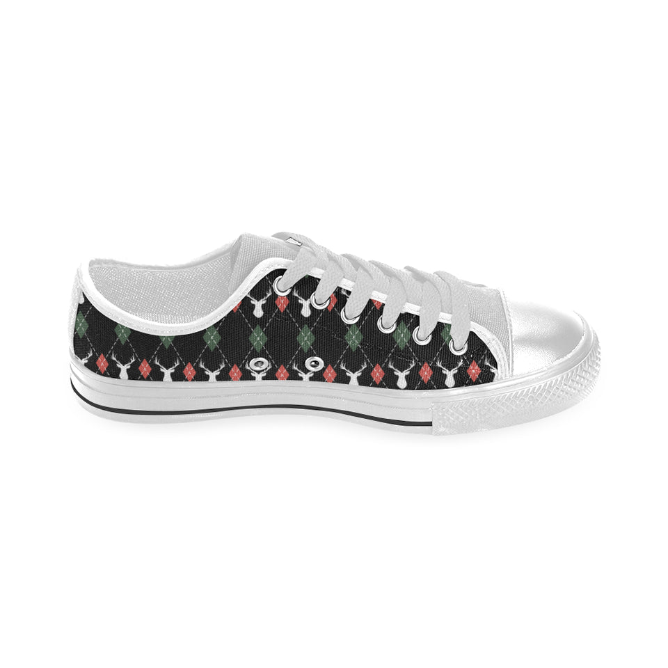 Deer Christmas new year pattern argyle Men's Low Top Canvas Shoes White