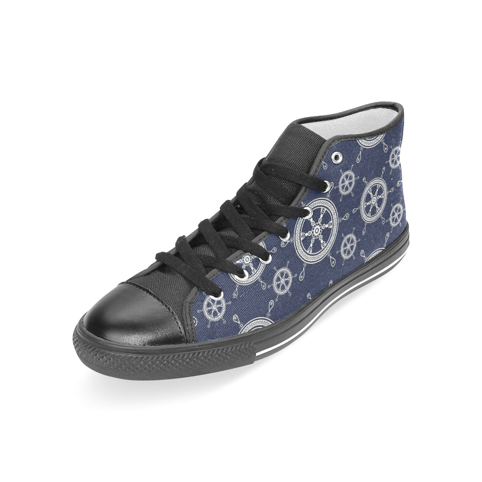 nautical steering wheel design pattern Women's High Top Canvas Shoes Black