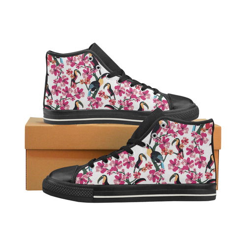 Toucan flower design pattern Women's High Top Canvas Shoes Black