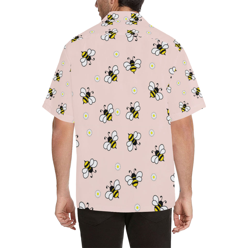 Cute bee flower pattern pink background Men's All Over Print Hawaiian Shirt