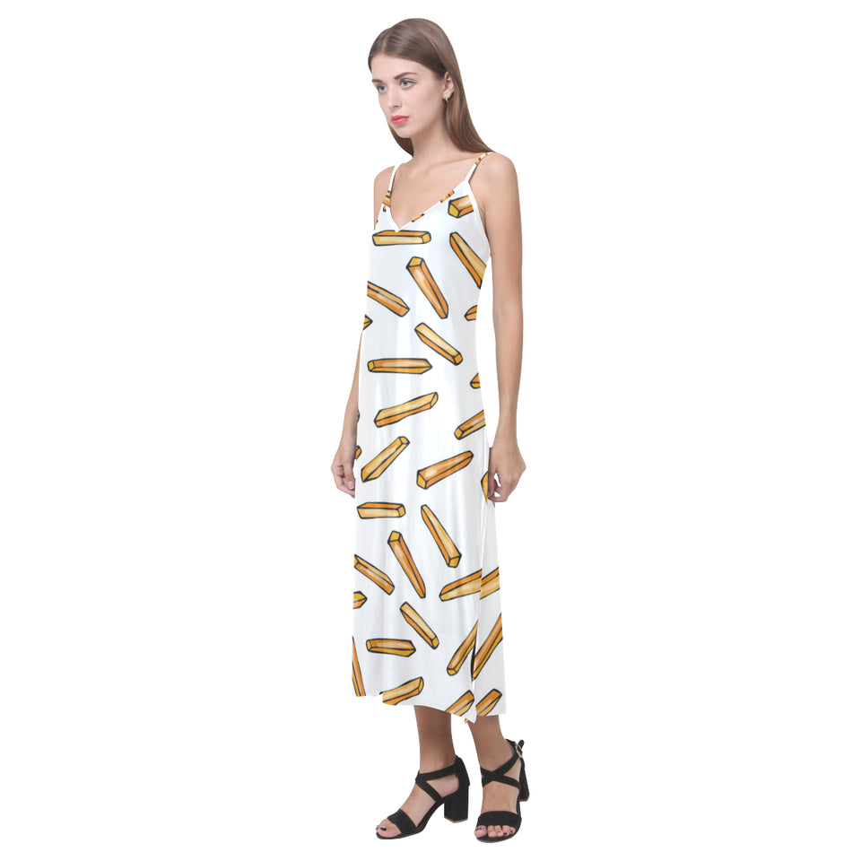 French fries potato pattern V-Neck Open Fork Long Dress
