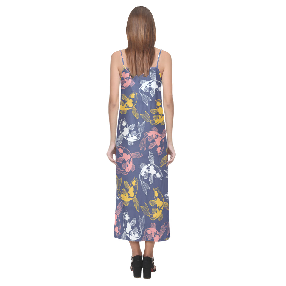 Fancy Carp pattern V-Neck Open Fork Long Dress