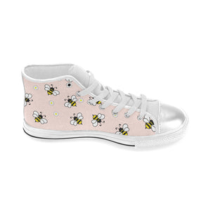 Cute bee flower pattern pink background Women's High Top Canvas Shoes White