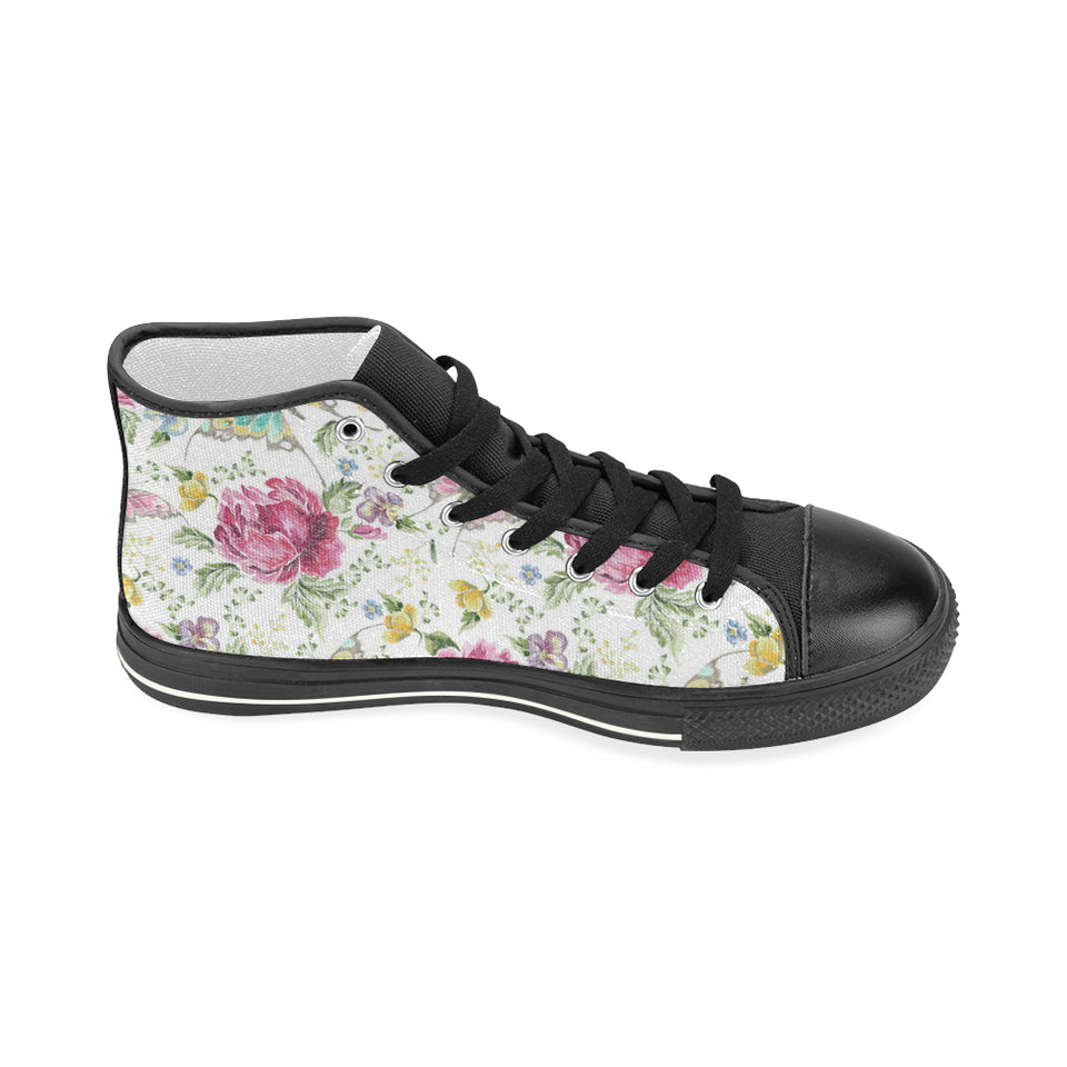 Hand drawn butterfly rose Women's High Top Canvas Shoes Black