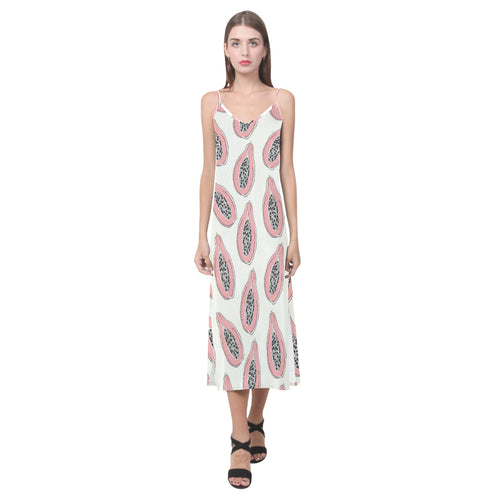 papaya pattern V-Neck Open Fork Long Dress