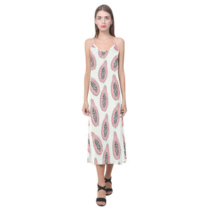 papaya pattern V-Neck Open Fork Long Dress