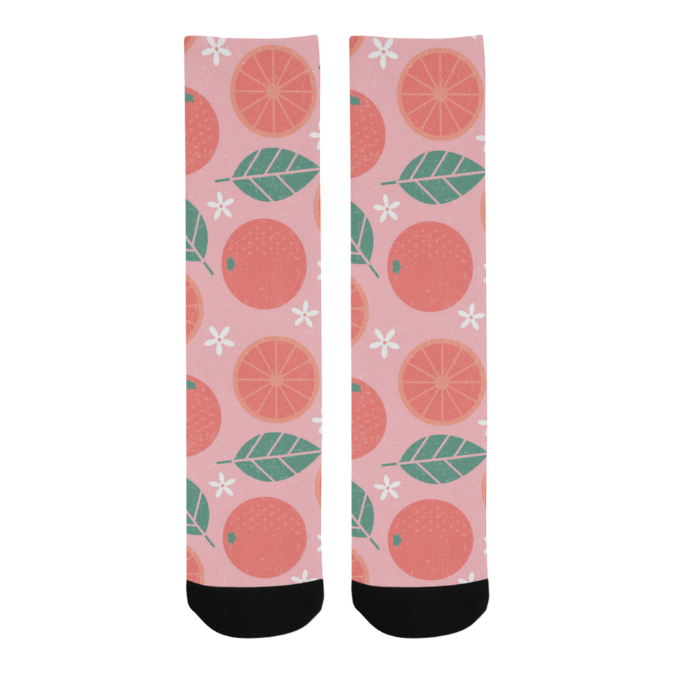 Grapefruit leaves flower pink background Crew Socks