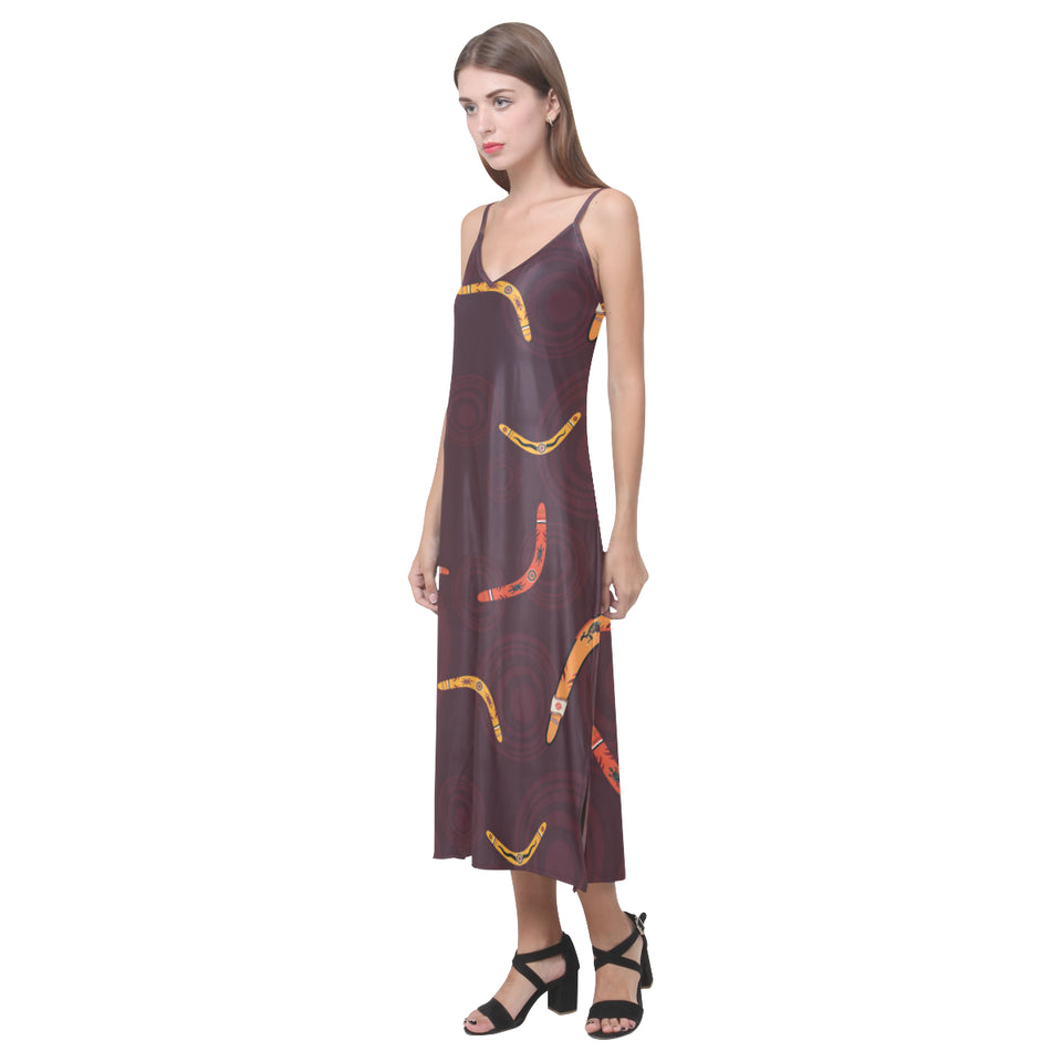 Boomerang Australian aboriginal ornament circle bl V-Neck Open Fork Long Dress