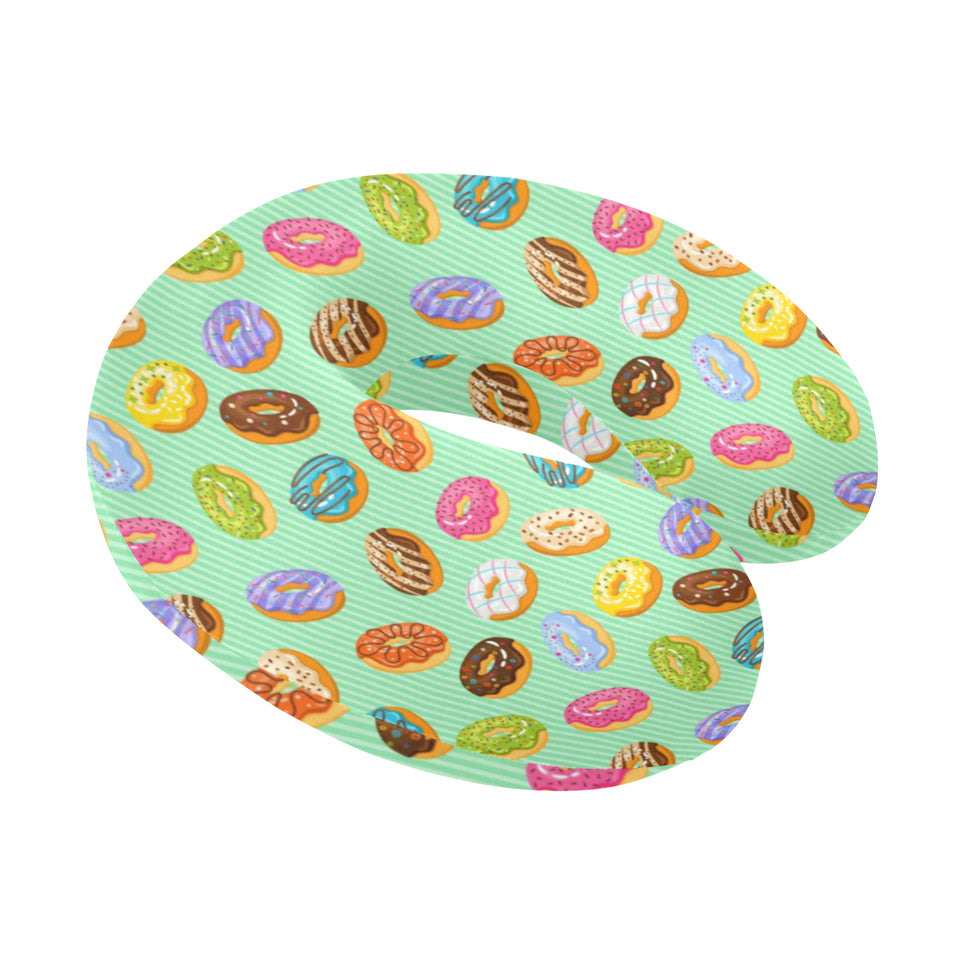 Colorful donut pattern green background U-Shaped Travel Neck Pillow