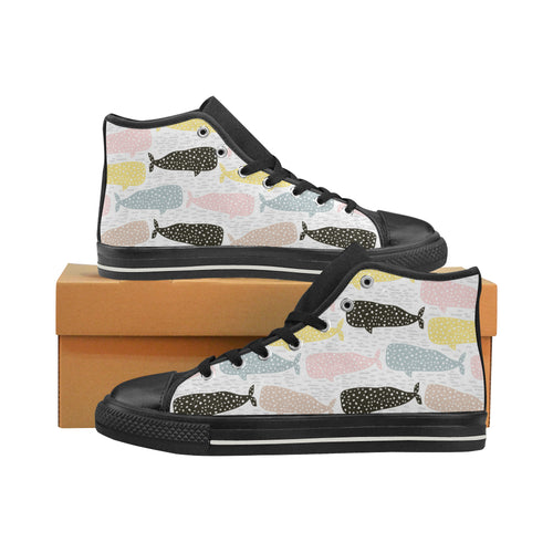 Whale dot pattern Women's High Top Canvas Shoes Black