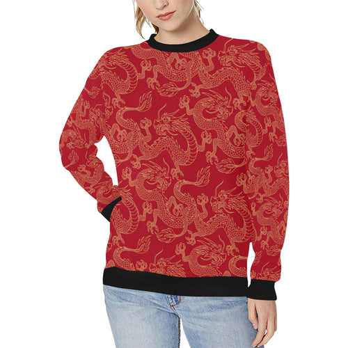 Gold dragons red background Women's Crew Neck Sweatshirt