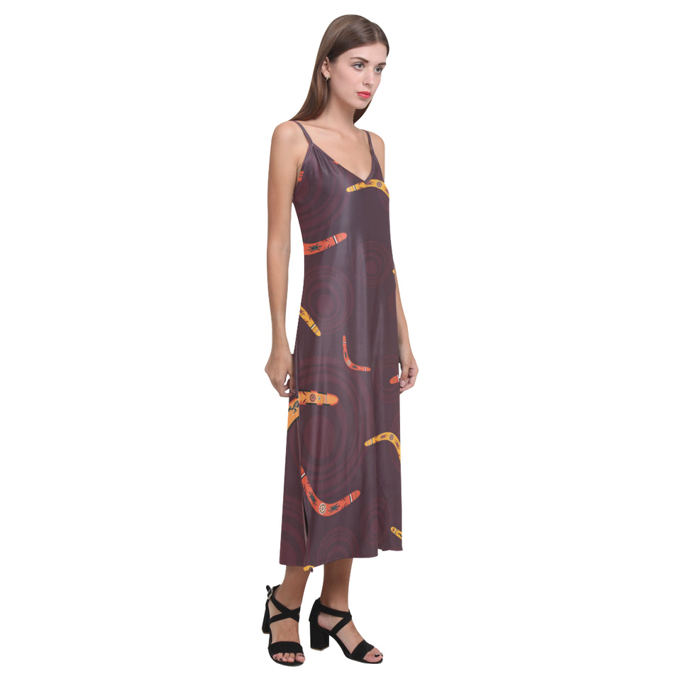 Boomerang Australian aboriginal ornament circle bl V-Neck Open Fork Long Dress