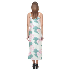 Pink lotus waterlily leaves pattern V-Neck Open Fork Long Dress