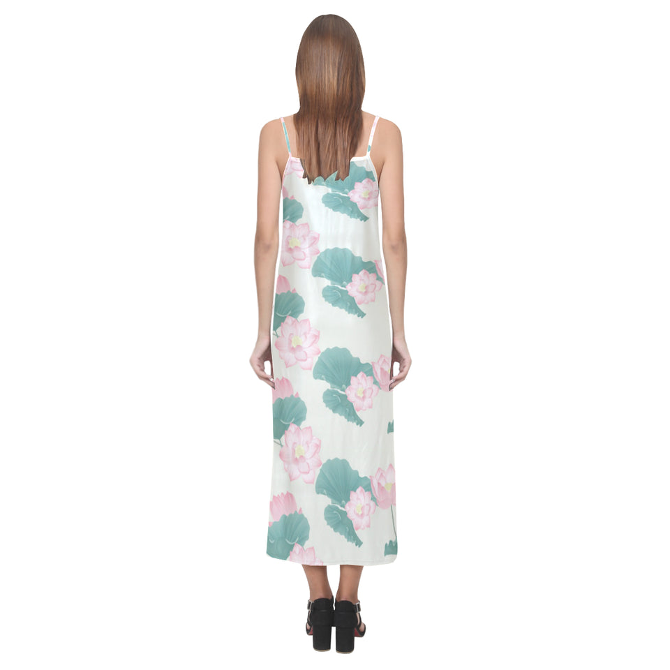 Pink lotus waterlily leaves pattern V-Neck Open Fork Long Dress