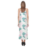 Pink lotus waterlily leaves pattern V-Neck Open Fork Long Dress