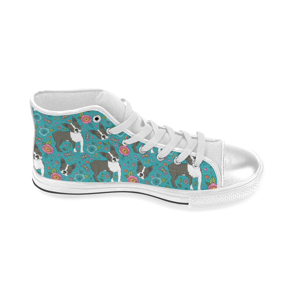 Boston terrier beautiful flower pattern Women's High Top Canvas Shoes White