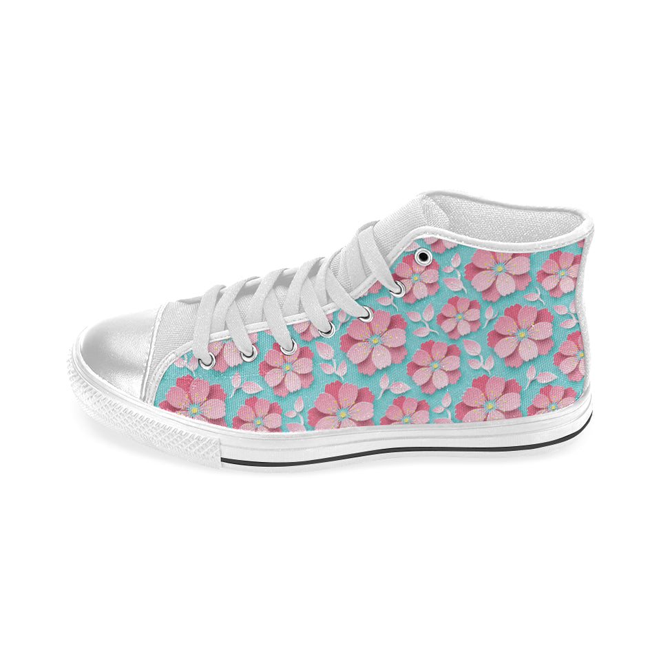 3D sakura cherry blossom pattern Women's High Top Canvas Shoes White