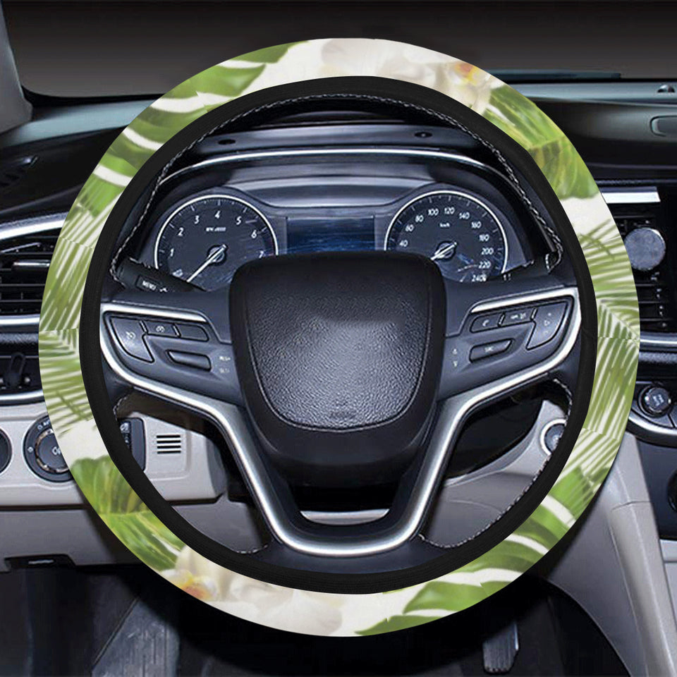 White orchid flower tropical leaves pattern Car Steering Wheel Cover
