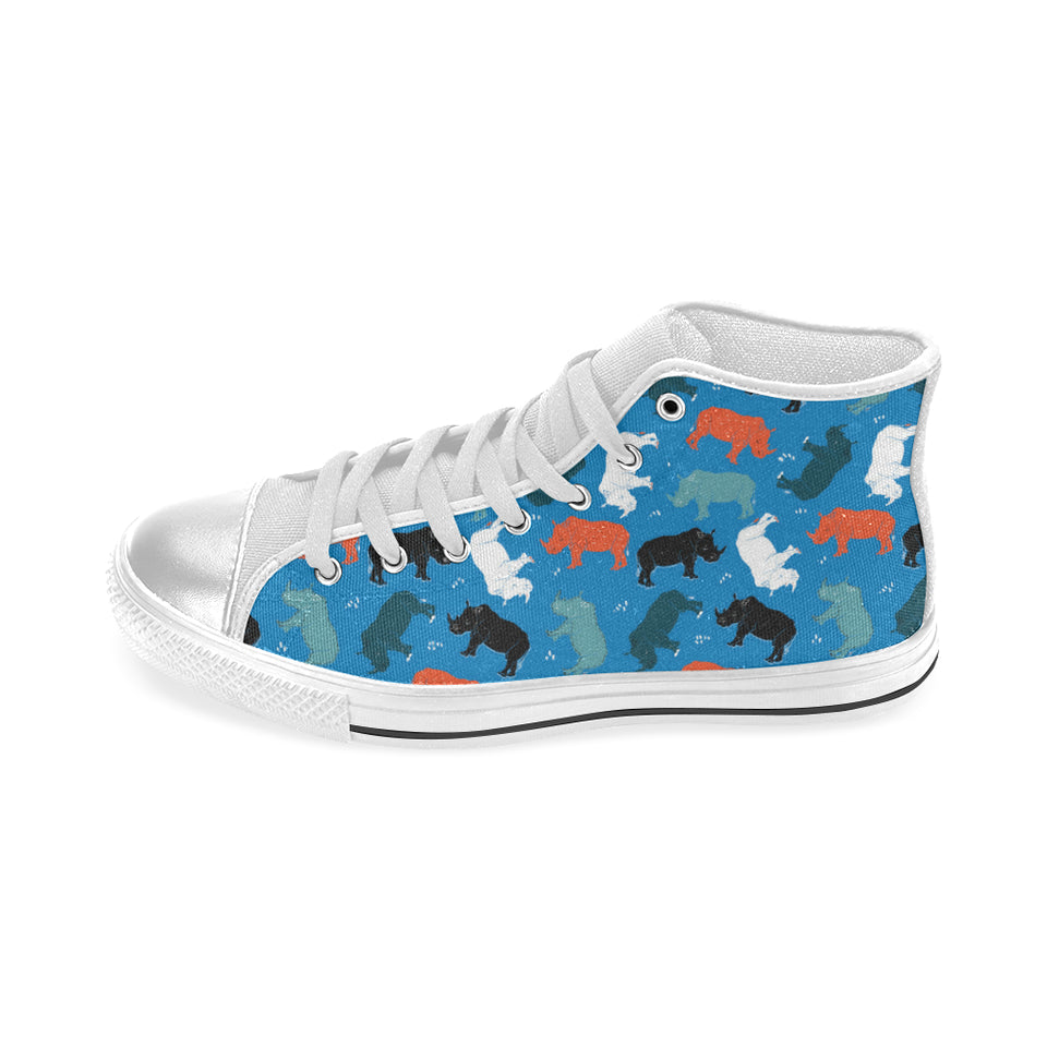 Colorful rhino pattern Women's High Top Canvas Shoes White