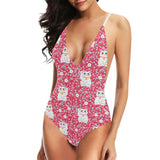 Maneki neko cat sakura pink background Women's One-Piece Swimsuit