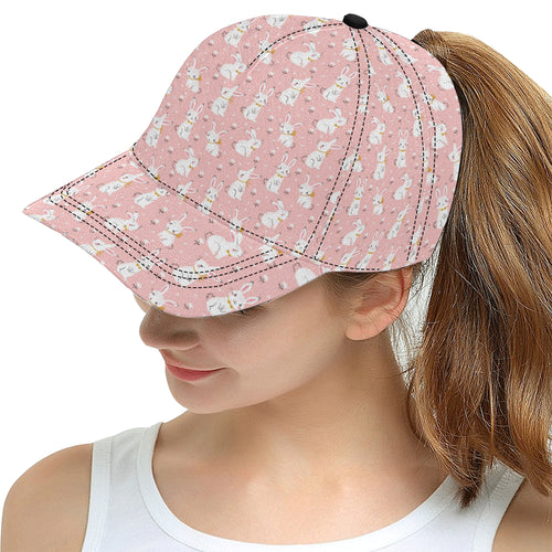 Cute white rabbit flower pink background All Over Print Snapback Cap