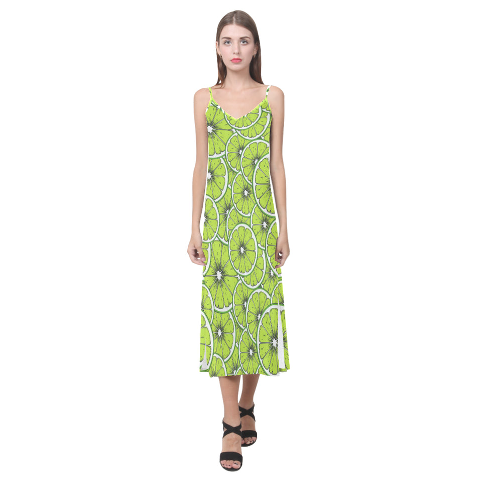 Slices of Lime design pattern V-Neck Open Fork Long Dress