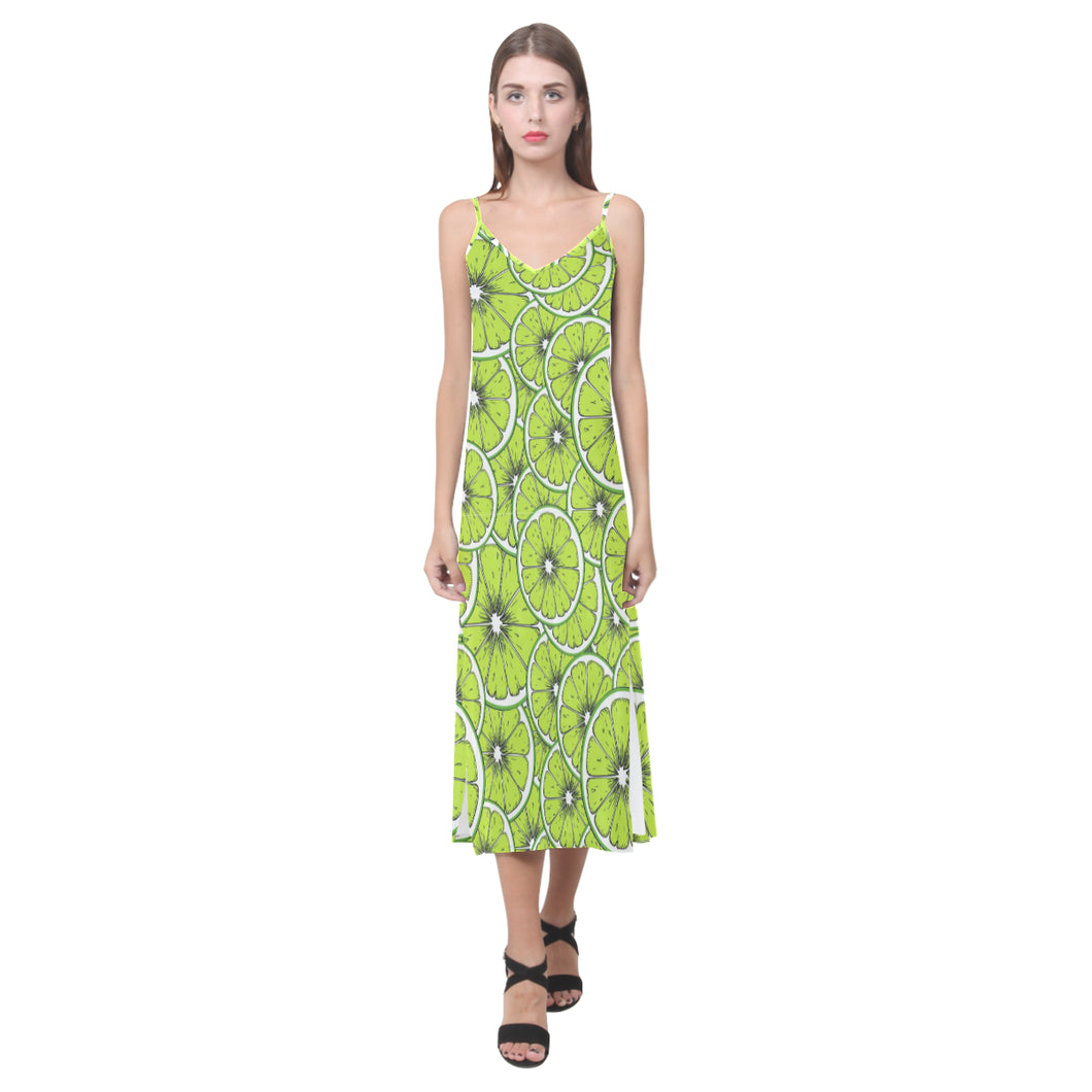 Slices of Lime design pattern V-Neck Open Fork Long Dress