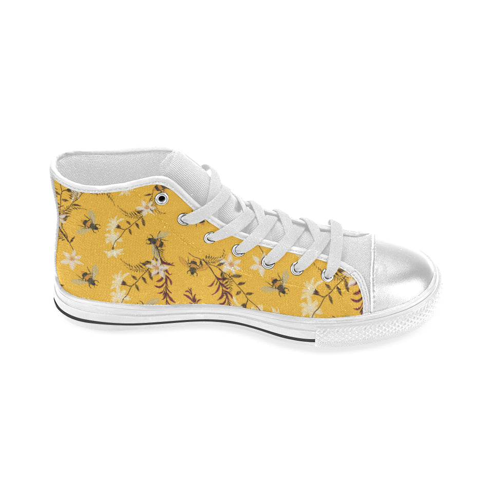 Bee flower pattern Women's High Top Canvas Shoes White