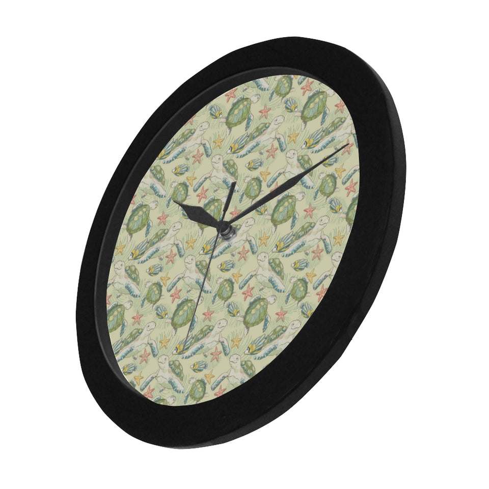 Hand drawn sea turtle fish pattern Elegant Black Wall Clock