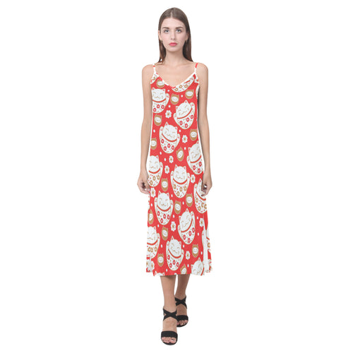 Cute Maneki neko cat red background V-Neck Open Fork Long Dress