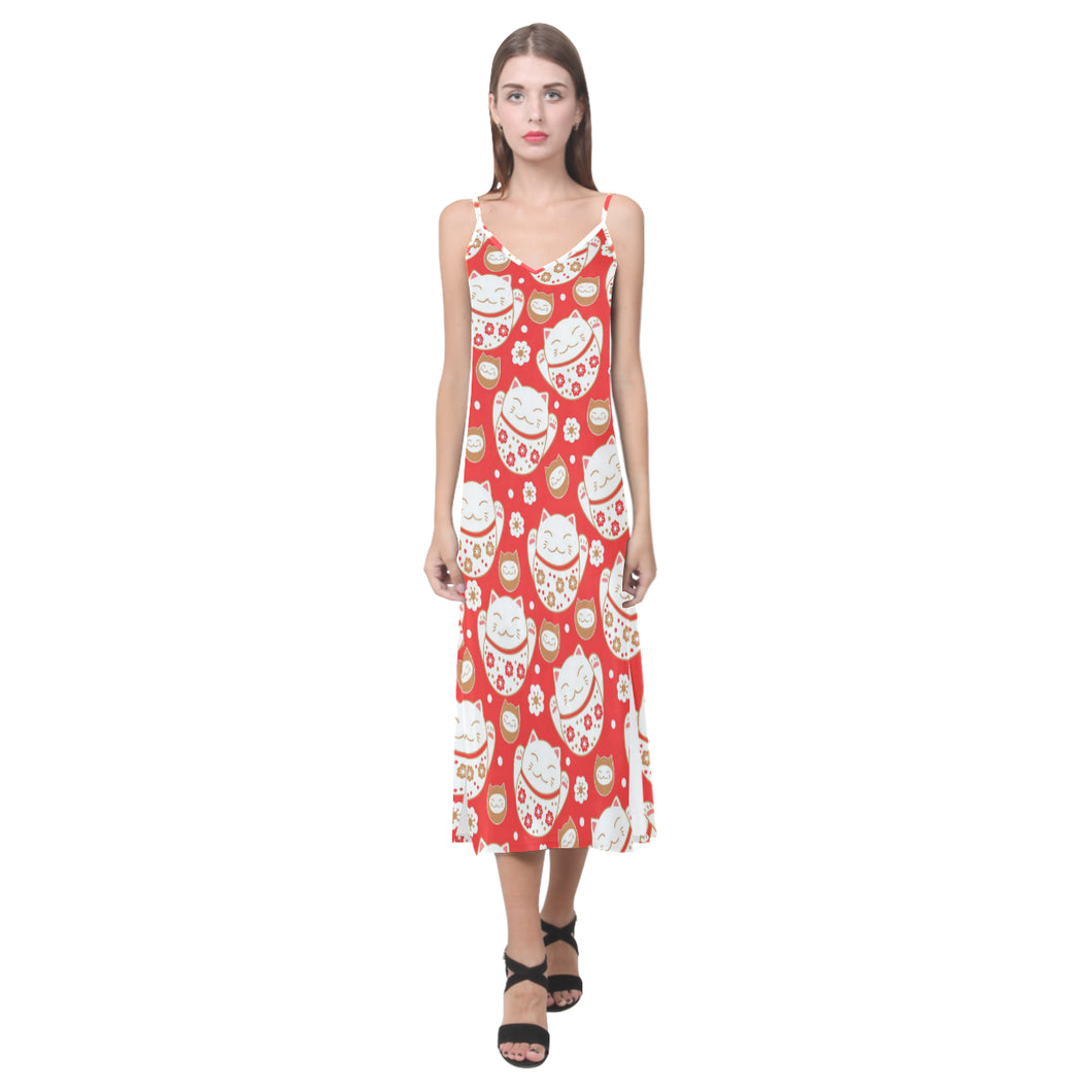 Cute Maneki neko cat red background V-Neck Open Fork Long Dress