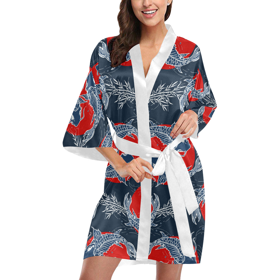 Koi Fish Carp Fishs hand drawn japanese art Women's Short Kimono Robe