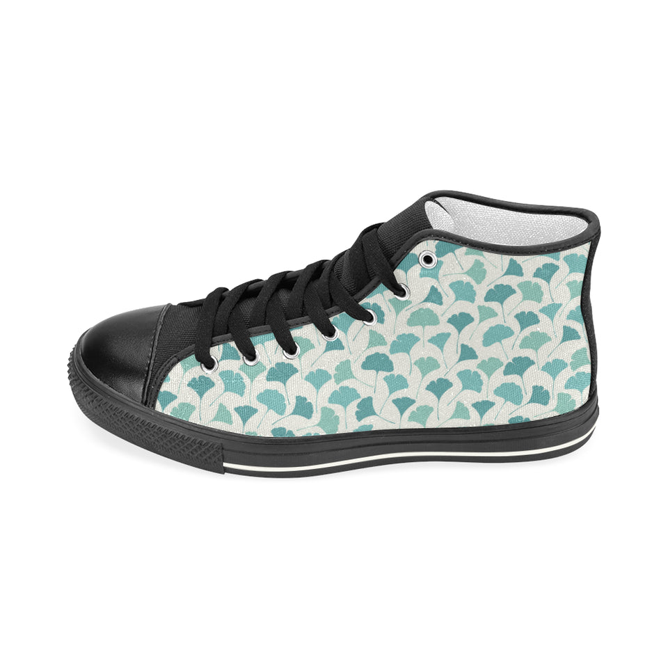 Green ginkgo leaves pattern Women's High Top Canvas Shoes Black