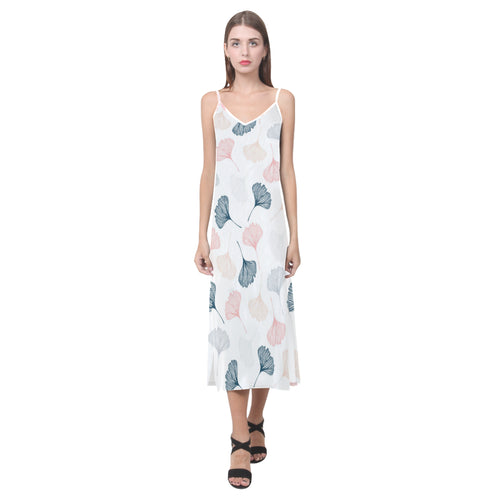 Black Gray Cream coral ginkgo leaves pattern V-Neck Open Fork Long Dress