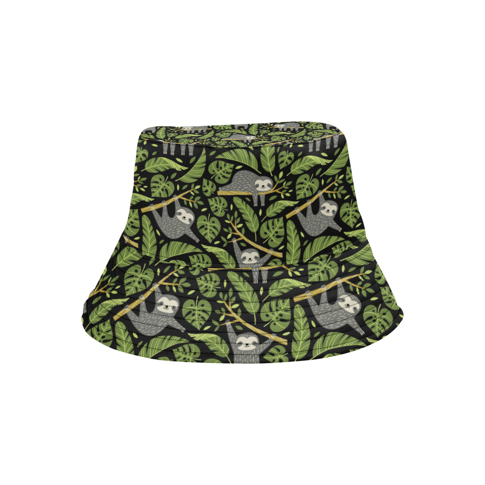 Cute sloths tropical palm leaves black background Unisex Bucket Hat