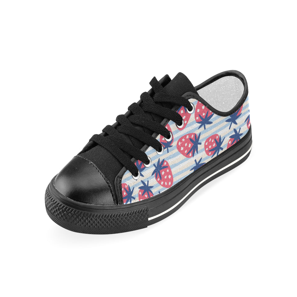 Strawberry pattern blue lines background Women's Low Top Canvas Shoes Black