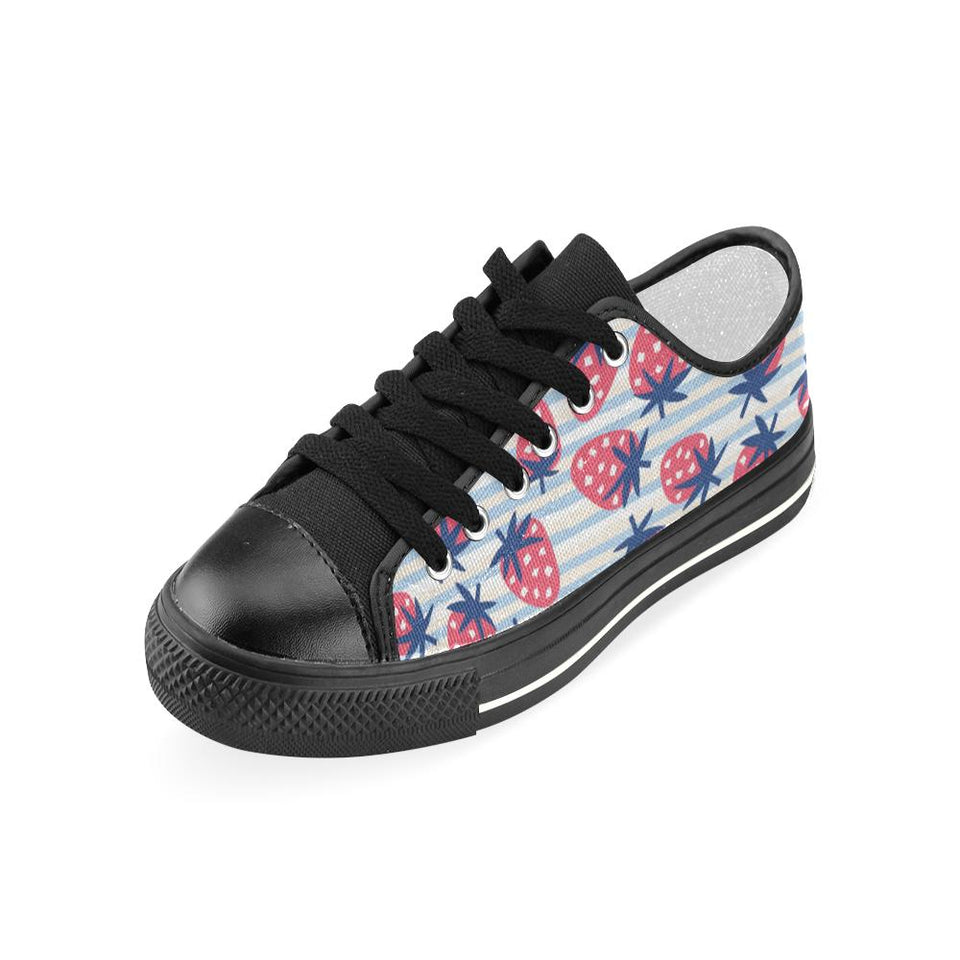 Strawberry pattern blue lines background Kids' Boys' Girls' Low Top Canvas Shoes Black